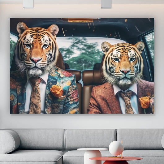 Spannrahmenbild Tiger Duo im Anzug Digital Art Querformat