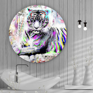 Aluminiumbild gebürstet Tiger Neon Pop Art Kreis