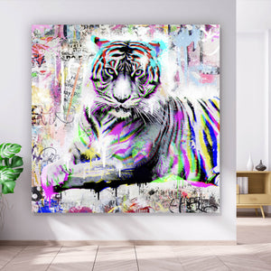 Aluminiumbild gebürstet Tiger Neon Pop Art Quadrat