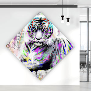 Aluminiumbild gebürstet Tiger Neon Pop Art Raute