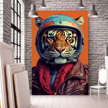Lade das Bild in den Galerie-Viewer, Aluminiumbild gebürstet Tiger Portrait Biker Hochformat
