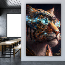 Lade das Bild in den Galerie-Viewer, Aluminiumbild gebürstet Tigerkopf mit Brille Galaxy Hochformat
