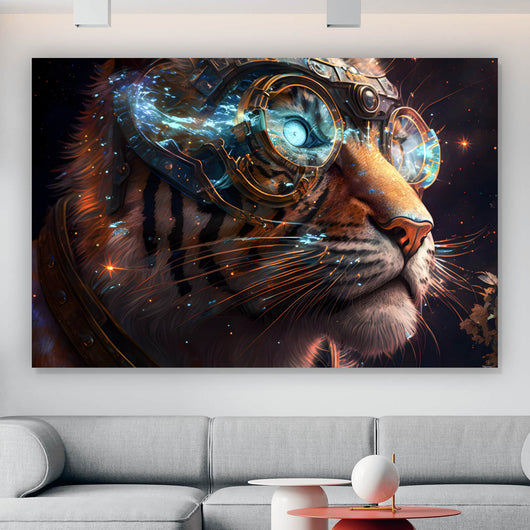 Aluminiumbild Tigerkopf mit Brille Galaxy Querformat