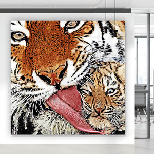 Acrylglasbild Tigerliebe Mutter mit Kind Quadrat