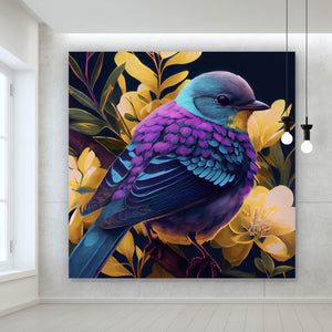 Aluminiumbild Tropischer Vogel mit Blumen Modern Art No. 1 Quadrat