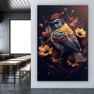Aluminiumbild Tropischer Vogel mit Blumen Modern Art No. 2 Hochformat