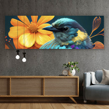 Lade das Bild in den Galerie-Viewer, Aluminiumbild gebürstet Tropischer Vogel mit Blumen Modern Art No. 3 Panorama
