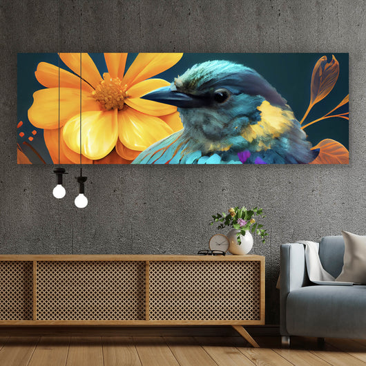 Leinwandbild Tropischer Vogel mit Blumen Modern Art No. 3 Panorama