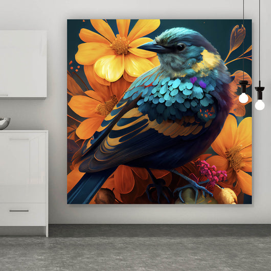 Acrylglasbild Tropischer Vogel mit Blumen Modern Art No. 3 Quadrat