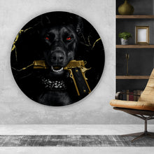 Lade das Bild in den Galerie-Viewer, Aluminiumbild Luxuriöser Hund mit Pistole Kreis
