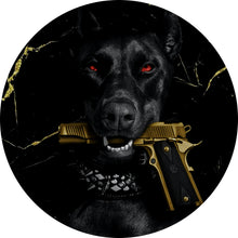 Lade das Bild in den Galerie-Viewer, Aluminiumbild gebürstet Luxuriöser Hund mit Pistole Kreis
