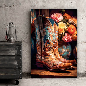 Aluminiumbild gebürstet Verzierte Cowboy Boots Hochformat