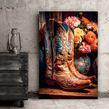 Lade das Bild in den Galerie-Viewer, Leinwandbild Verzierte Cowboy Boots Hochformat
