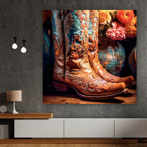 Spannrahmenbild Verzierte Cowboy Boots Quadrat