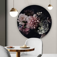 Lade das Bild in den Galerie-Viewer, Aluminiumbild gebürstet Vintage Blumen auf schwarzem Hintergrund Kreis
