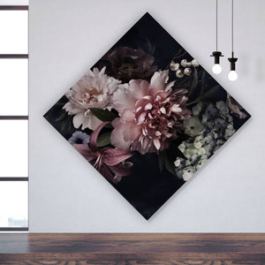 Aluminiumbild gebürstet Vintage Blumen auf schwarzem Hintergrund Raute