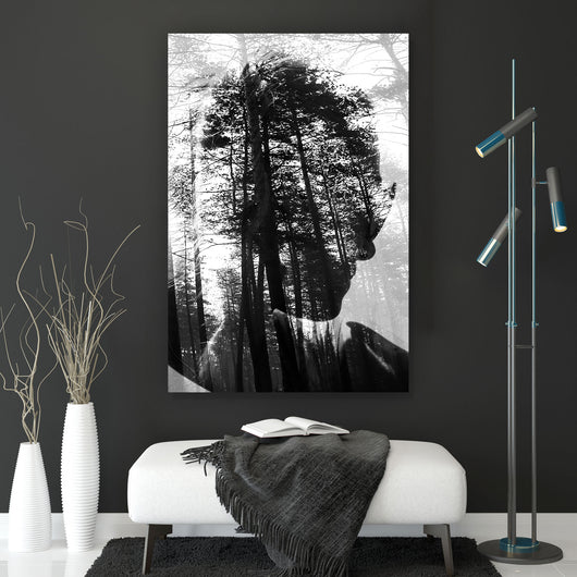 Aluminiumbild Wald mit Silhouette Hochformat