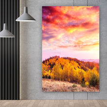 Lade das Bild in den Galerie-Viewer, Aluminiumbild gebürstet Waldlandschaft in Morgenröte Hochformat
