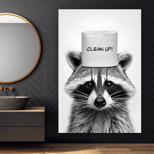 Acrylglasbild Waschbär mit Toilettenrolle Clean up Hochformat