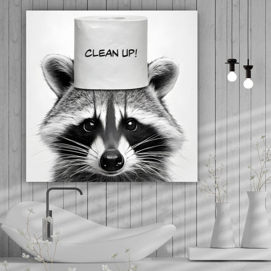Leinwandbild Waschbär mit Toilettenrolle Clean up Quadrat