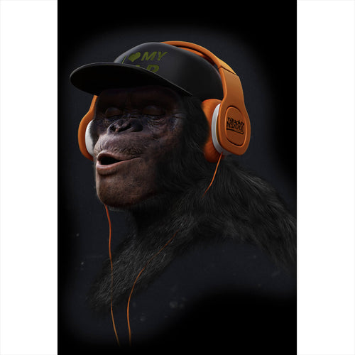 Aluminiumbild Affe mit orangenen Kopfhörern Hochformat