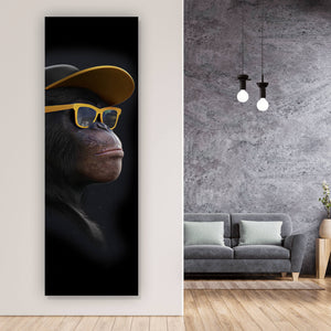 Leinwandbild Affe mit gelber Sonnenbrille Panorama Hoch