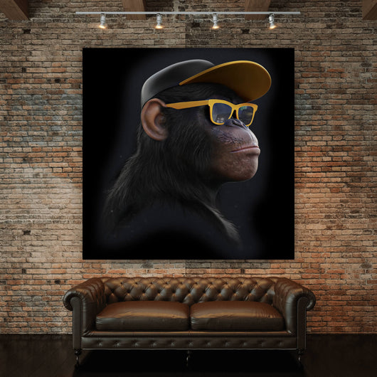 Spannrahmenbild Affe mit gelber Sonnenbrille Quadrat