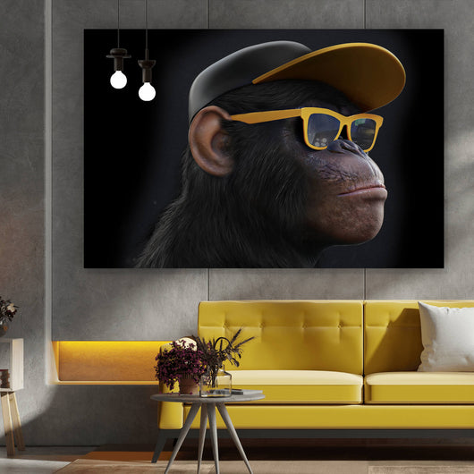 Aluminiumbild gebürstet Affe mit gelber Sonnenbrille Querformat