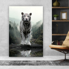 Lade das Bild in den Galerie-Viewer, Leinwandbild Weisser Tiger am Waldrand Hochformat
