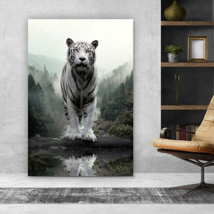 Aluminiumbild Weisser Tiger am Waldrand Hochformat