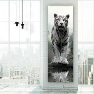 Acrylglasbild Weisser Tiger am Waldrand Panorama Hoch