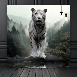 Aluminiumbild gebürstet Weisser Tiger am Waldrand Quadrat