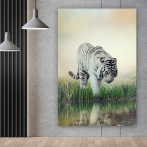 Aluminiumbild gebürstet Weißer Tiger an einem Fluss Hochformat