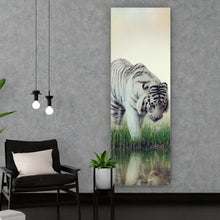Lade das Bild in den Galerie-Viewer, Aluminiumbild gebürstet Weißer Tiger an einem Fluss Panorama Hoch
