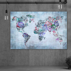 Spannrahmenbild Weltkarte aus Passstempeln Querformat