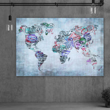 Lade das Bild in den Galerie-Viewer, Aluminiumbild Weltkarte aus Passstempeln Querformat
