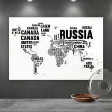 Lade das Bild in den Galerie-Viewer, Leinwandbild Weltkarte mit Ländernamen in Schwarz Weiß Querformat
