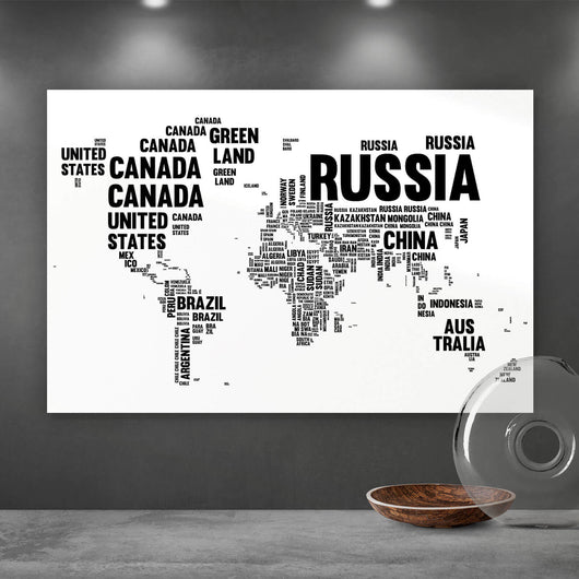 Leinwandbild Weltkarte mit Ländernamen in Schwarz Weiß Querformat