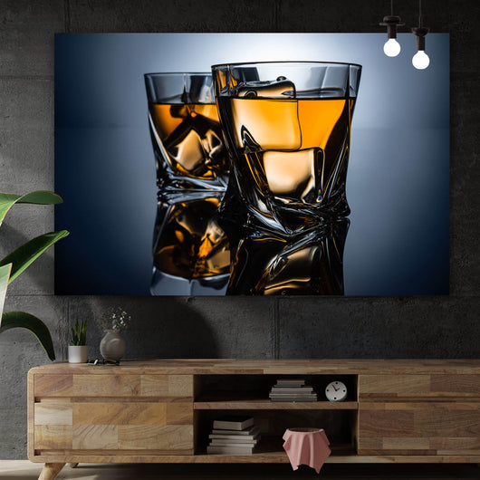 Aluminiumbild gebürstet Whiskeygläser mit Eiswürfeln Querformat