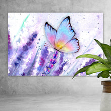 Lade das Bild in den Galerie-Viewer, Aluminiumbild Wiesenlavendel mit buntem Schmetterling Querformat
