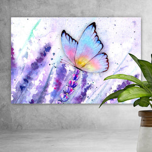 Aluminiumbild Wiesenlavendel mit buntem Schmetterling Querformat