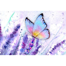 Lade das Bild in den Galerie-Viewer, Leinwandbild Wiesenlavendel mit buntem Schmetterling Querformat
