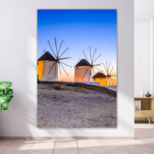 Acrylglasbild Windmühlen auf der Insel Mykonos Hochformat