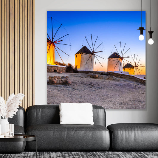 Acrylglasbild Windmühlen auf der Insel Mykonos Quadrat