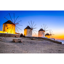 Lade das Bild in den Galerie-Viewer, Aluminiumbild gebürstet Windmühlen auf der Insel Mykonos Querformat
