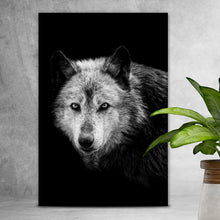 Lade das Bild in den Galerie-Viewer, Acrylglasbild Wolf auf schwarzem Hintergrund Hochformat
