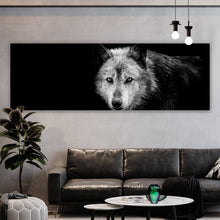 Lade das Bild in den Galerie-Viewer, Spannrahmenbild Wolf auf schwarzem Hintergrund Panorama
