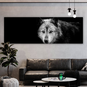 Spannrahmenbild Wolf auf schwarzem Hintergrund Panorama
