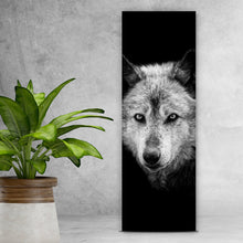 Lade das Bild in den Galerie-Viewer, Acrylglasbild Wolf auf schwarzem Hintergrund Panorama Hoch
