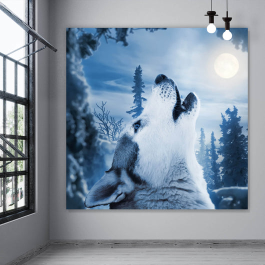 Leinwandbild Wolf der Mond Aufhängefertig Versandkostenfrei Quadrat, im zum heult – & Wandguru